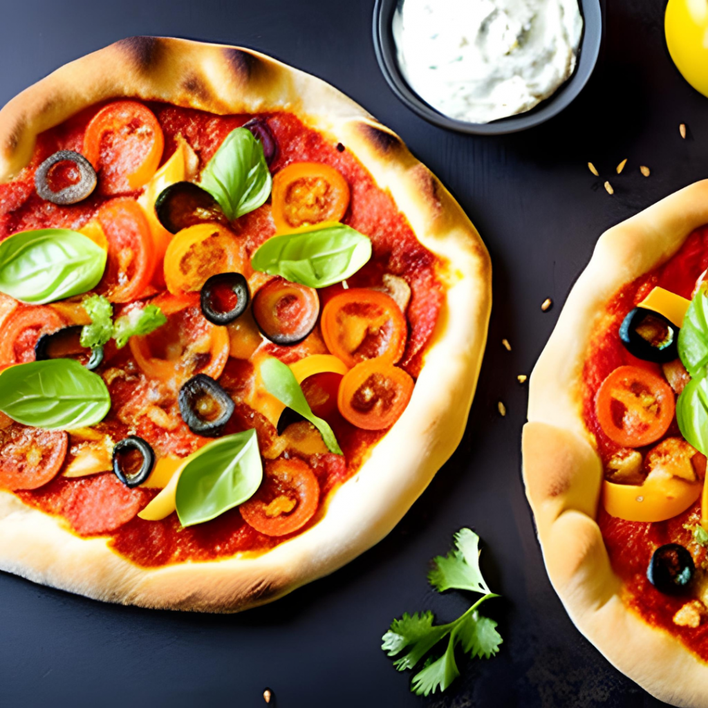 Arabische Pizza mit Tomatensauce, Mozzarella, Zwiebel, geräucherter Truthahn, scharfer Pfeffer, Basilikum