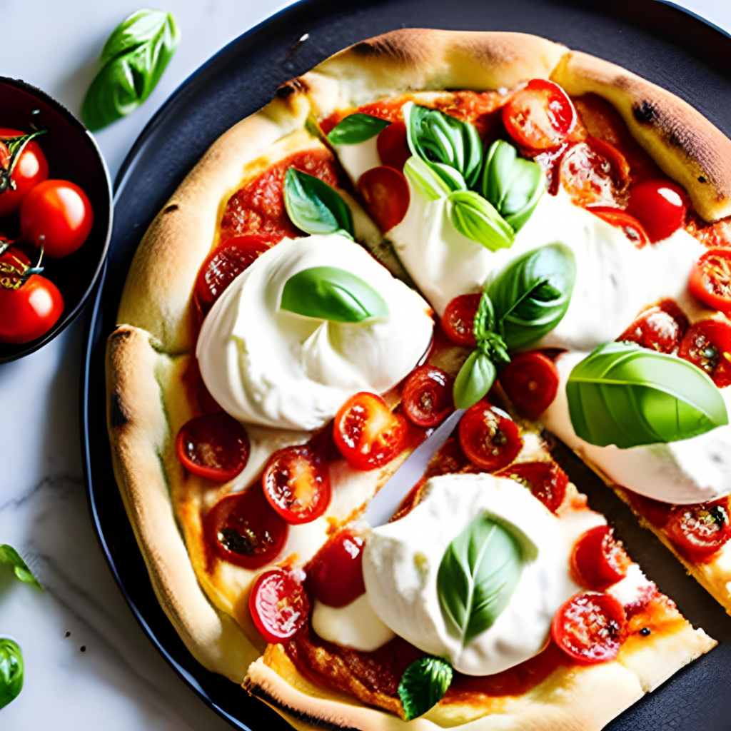 BURRATA-PIZZA mit Tomatensauce, Burrata-Käse, Basilikum, Olivenöl