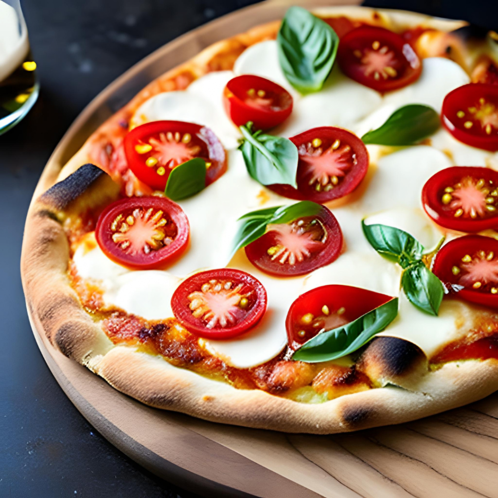 CAPRESE PIZZA mit Mozzarella, Tomaten, Parmesan, Basilikum, Thymian