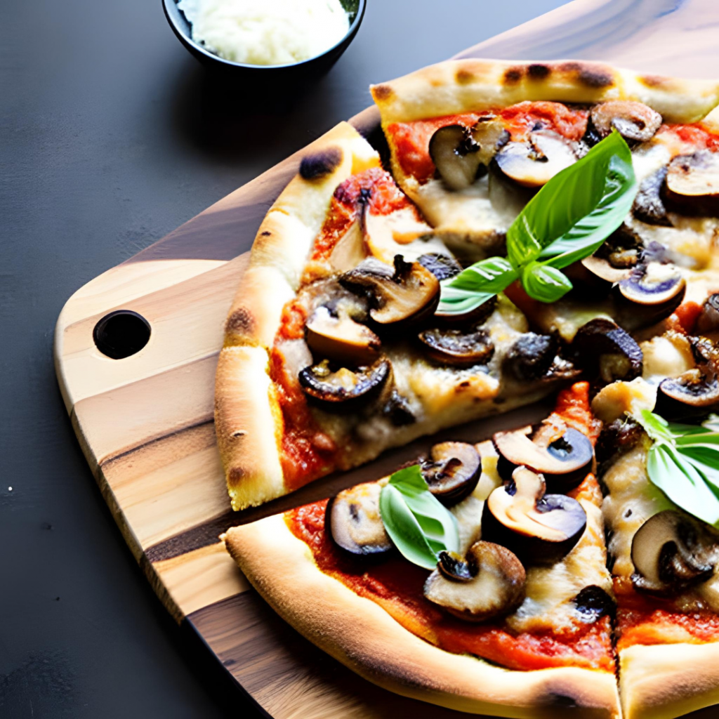 Drei-Pilz-Pizza mit Mozzarella, Kastanienpilze, Zuchtpilze, Austernpilze, rote Zwiebeln, Basilikum.