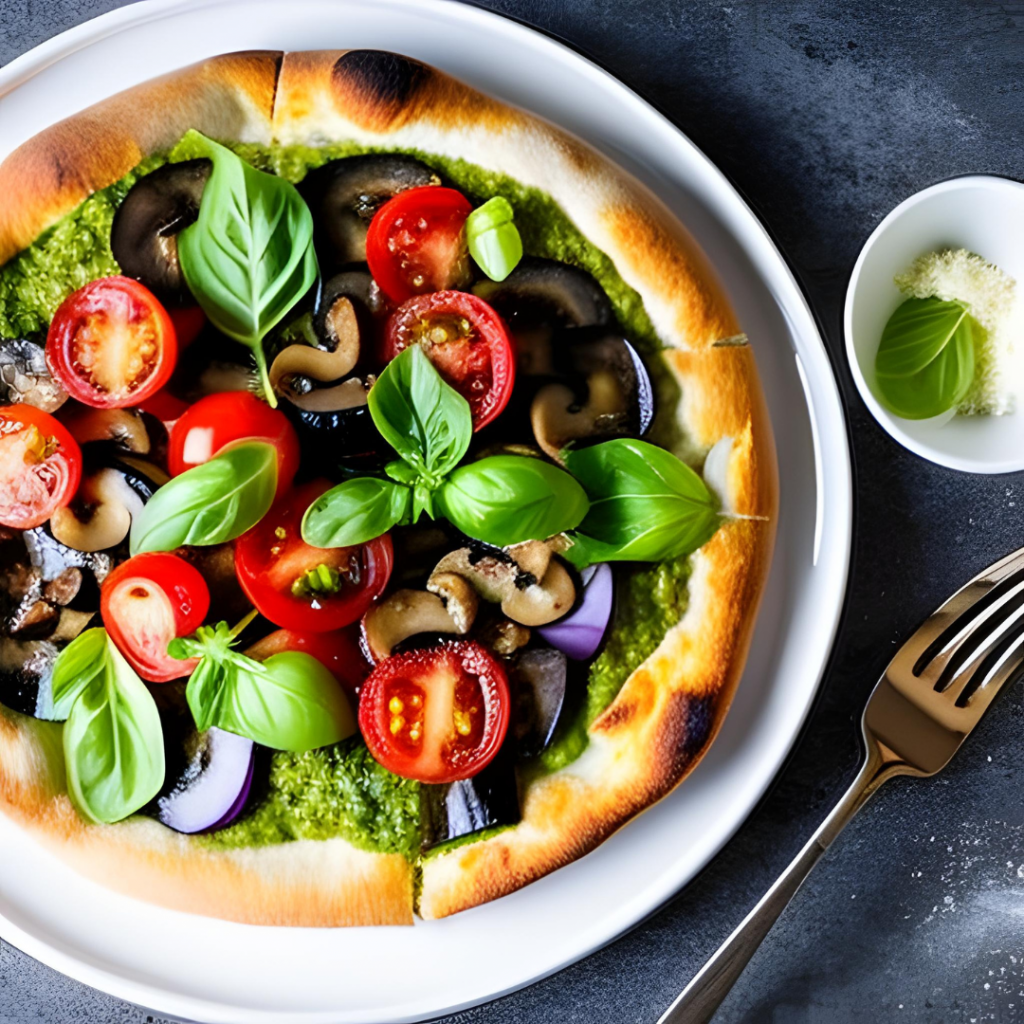 LA PIZZA mit Mozzarella, Pestosauce, Auberginen, Sucuk, Champignons, Kirschtomaten, Parmesan, Rucola