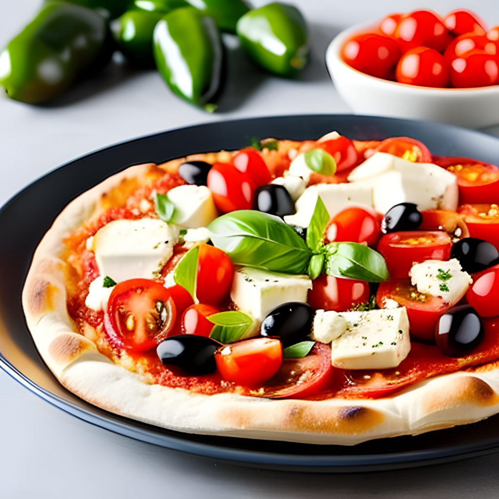 MEDITERRANE PIZZA mit Tomatensauce, Mozzarella, Kirschtomaten, Dorfpaprika, Mais, Oliven, Weißkäse, Basilikum, Parmesan, Olivenöl