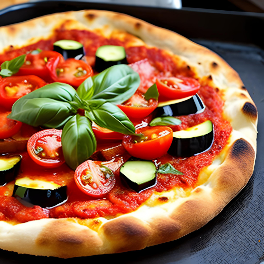 ORTOLANA-PIZZA mit Tomatensauce, Mozzarella, gegrilltes Gemüse, Olivenöl