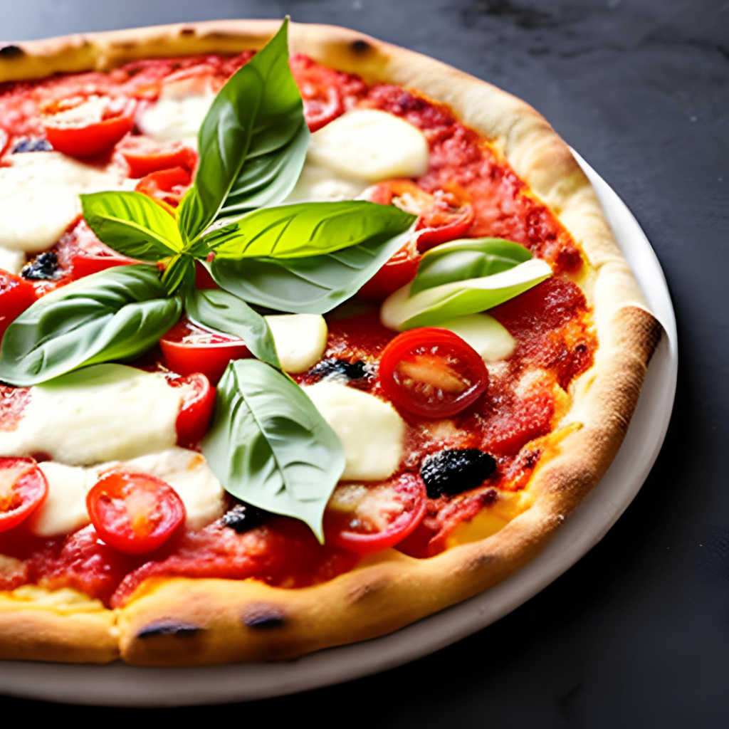 PIZZA MARGHERITA mit Tomatensauce, Mozzarella, Parmesan, Basilikum, Olivenöl