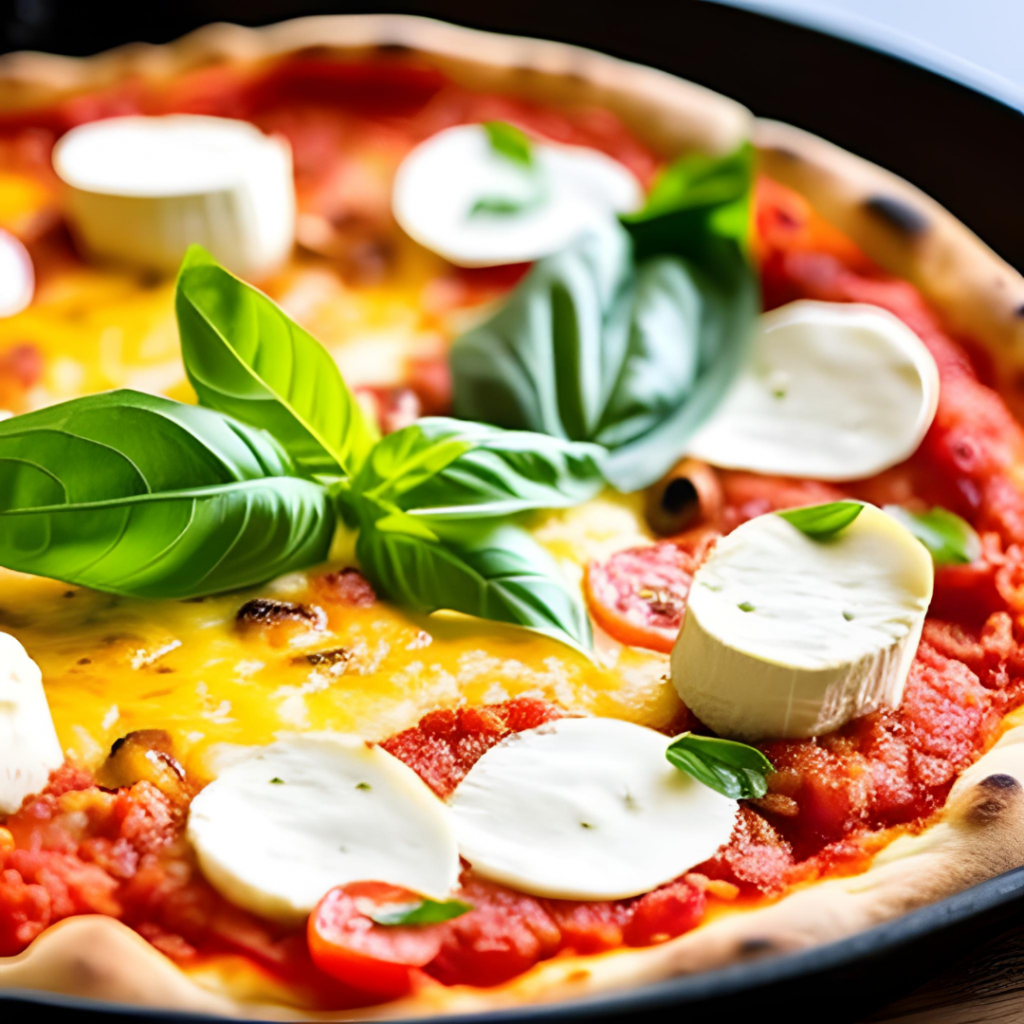 QUATTRO FORMAGGIO PIZZA - VIER-KÄSE-PIZZA mit Tomatensauce, Mozzarella, Roquefort, Cheddar, Kaschkaval-Käse, Basilikum, Olivenöl.
