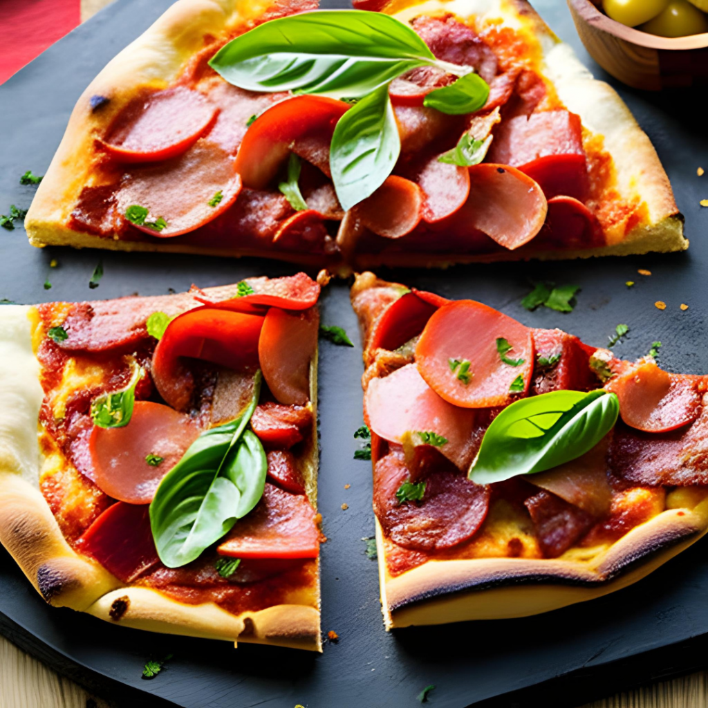 Räucherfleisch-Pizza mit Tomatensauce, geräuchertes Fleisch, Mozzarella, Parmesan, Rucola, Basilikum, Olivenöl